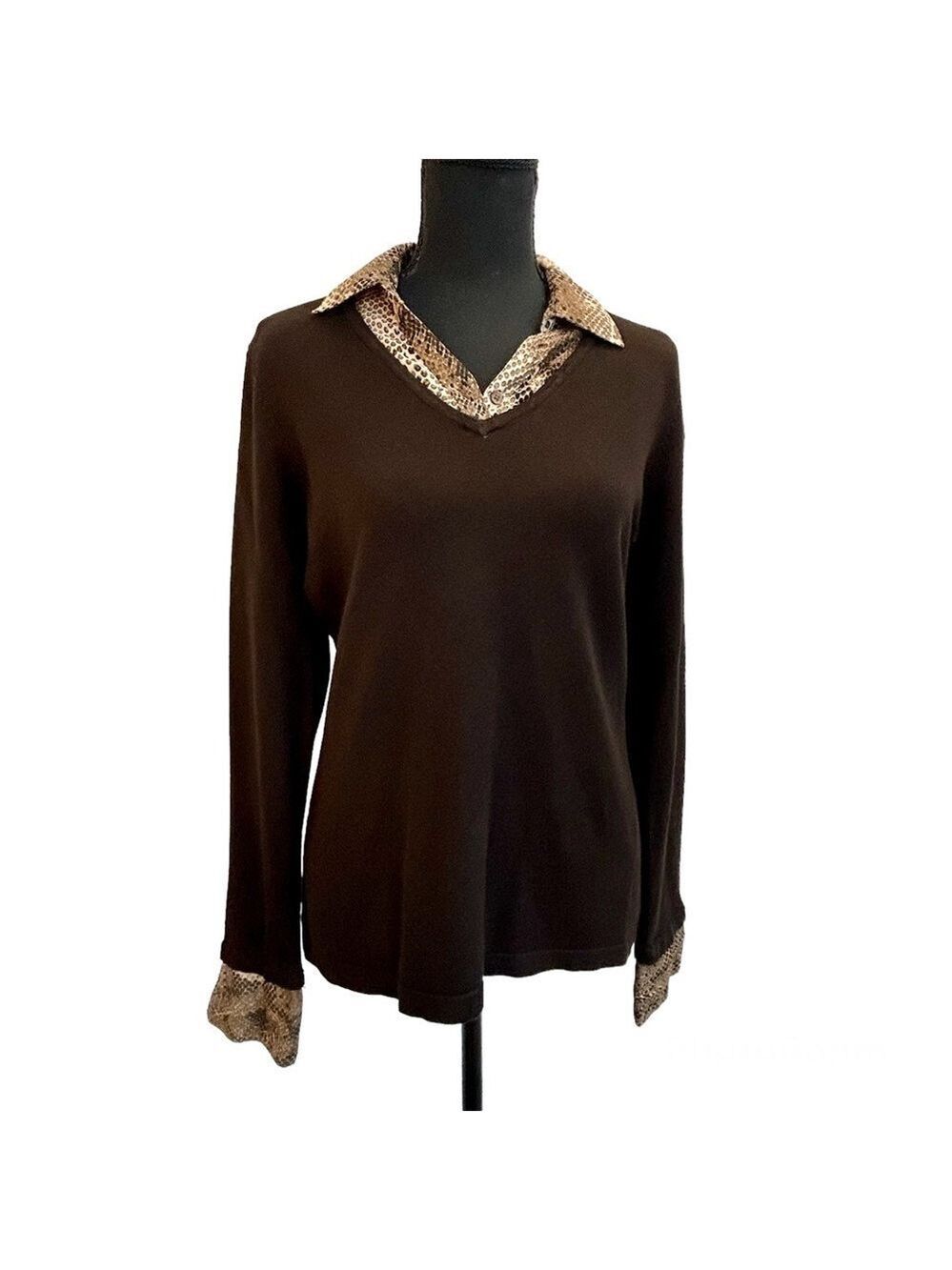 DENVER Hayes Dark chocolate brown knit sweater snake print collar/cuff Sz L